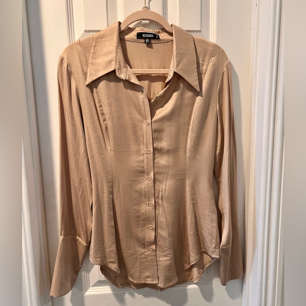 Missguided Nude Beige Satin Button-Down Shirt